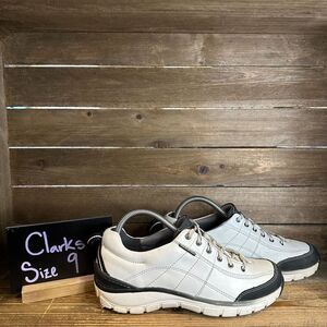 Womens Clarks White Wave Walk‎ Leather Comfort Shoes Sneakers Size 9 M GUC